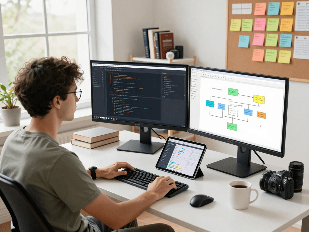 Desenvolvedor trabalhando em ambiente multicanais com monitores e anotações em quadro branco.