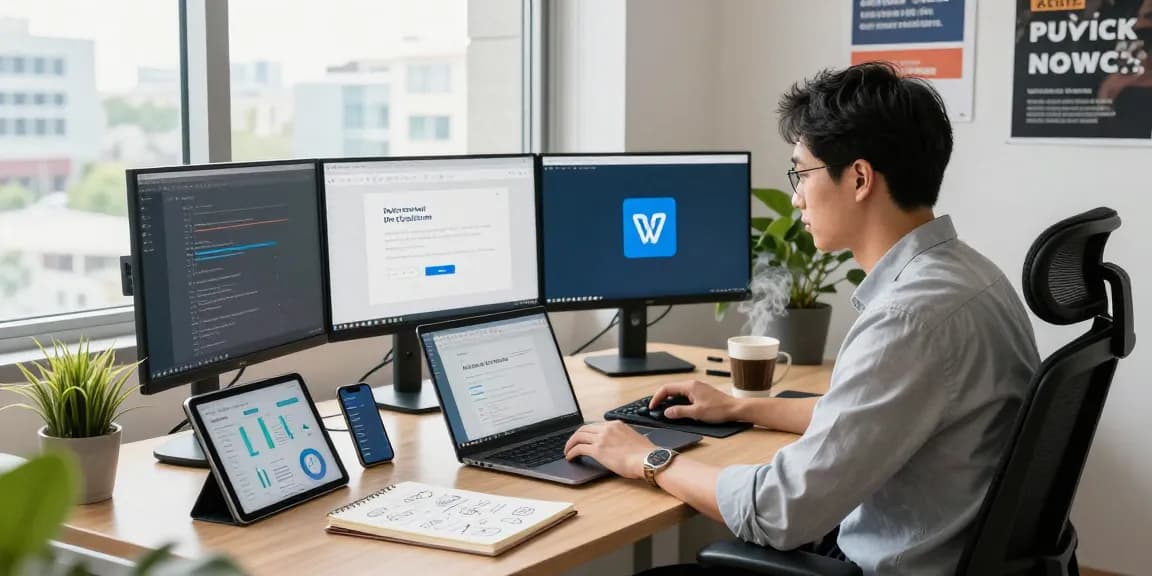 Download WPS Office software in a modern office setting with a professional focused on productivity tools.
