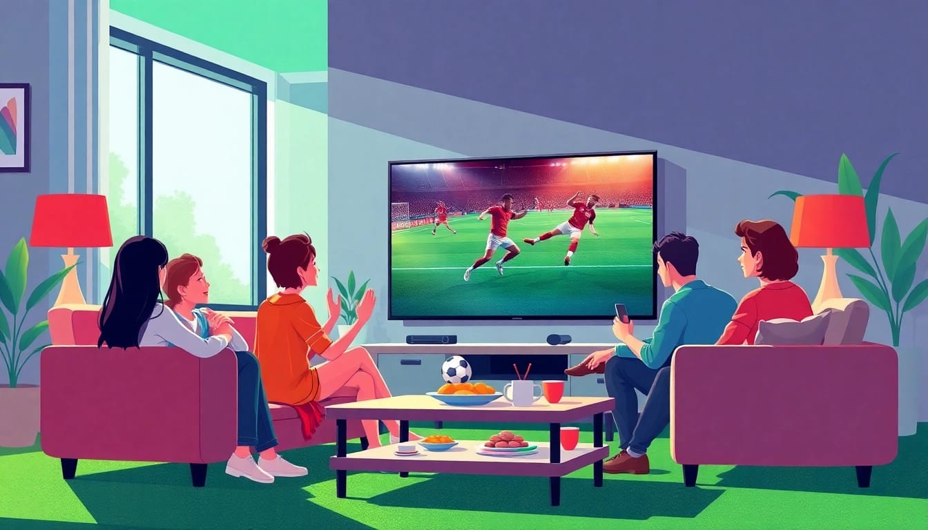 Family enjoying a live football match on LuongSonTV in a cozy living room, showcasing excitement and togetherness.