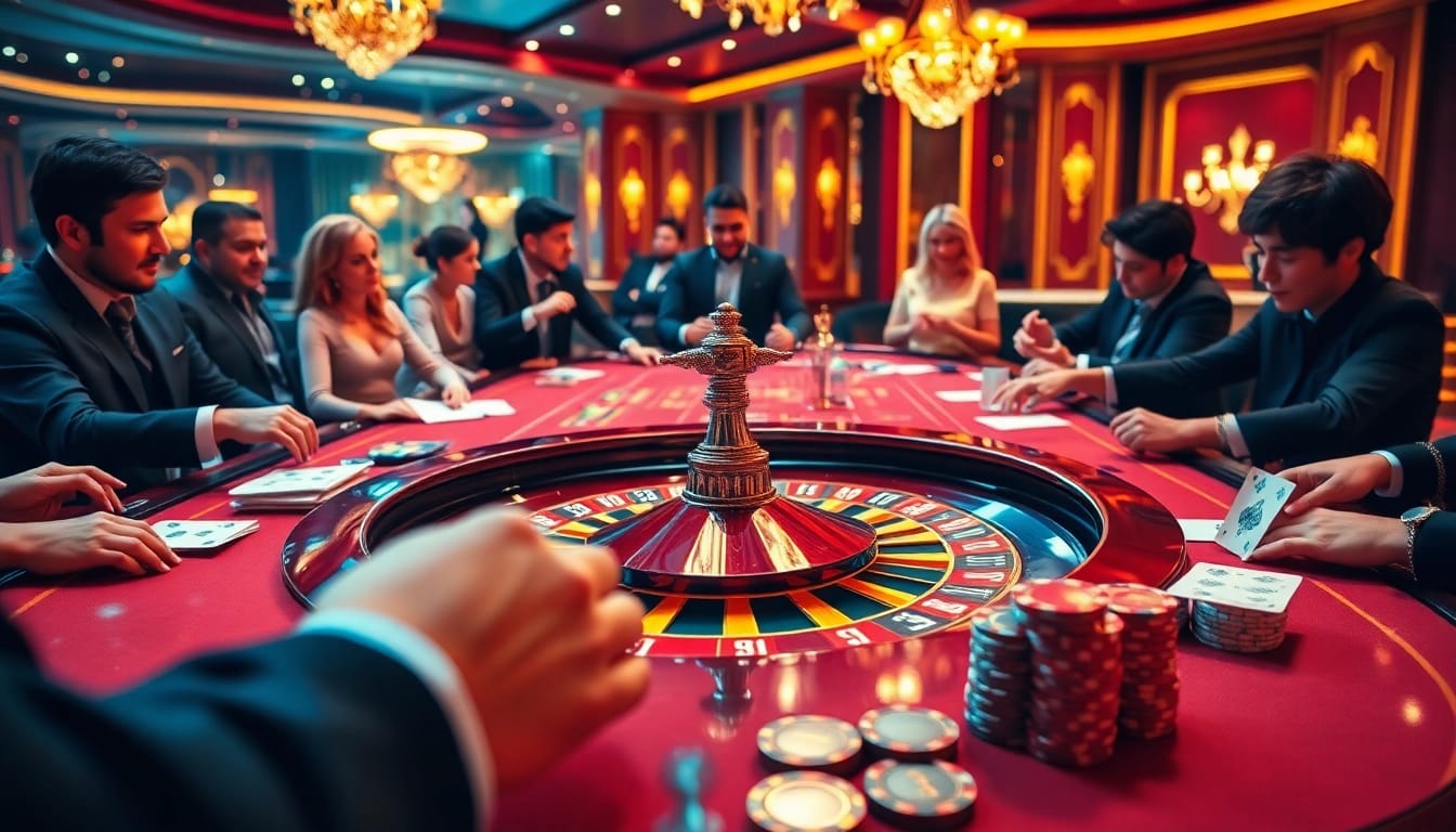 Mesa de jogo K997 com jogadores habilidosos envolvidos em uma atmosfera empolgante de cassino.