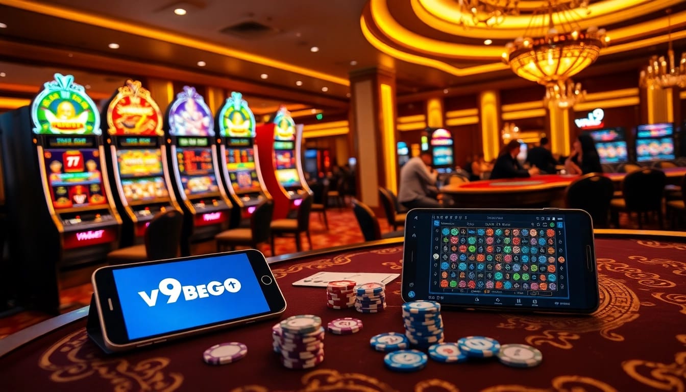 Experience thrilling gaming action with v9bet đang nhập as vibrant slot machines dazzle in a luxurious casino.