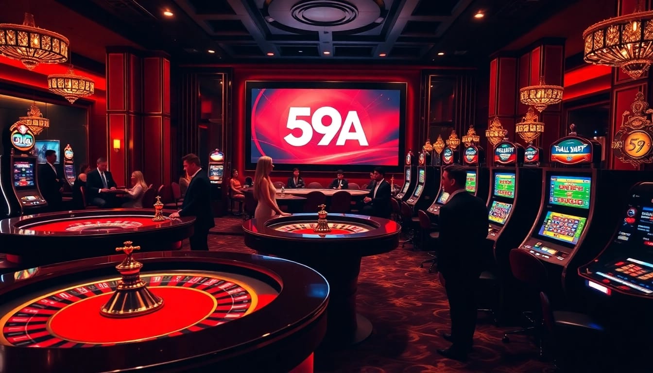 Apostadores entusiasmados jogando no cassino de luxo, equipado com modernas máquinas caça-níqueis 59A e mesas de roleta.