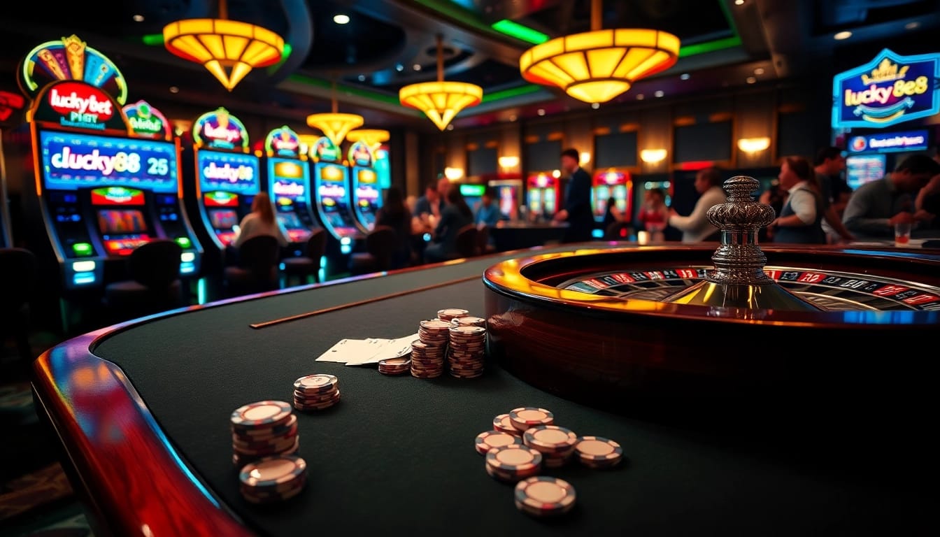 Experience the thrill of a lucky88 bet at a luxurious casino table with vibrant poker chips and cards.