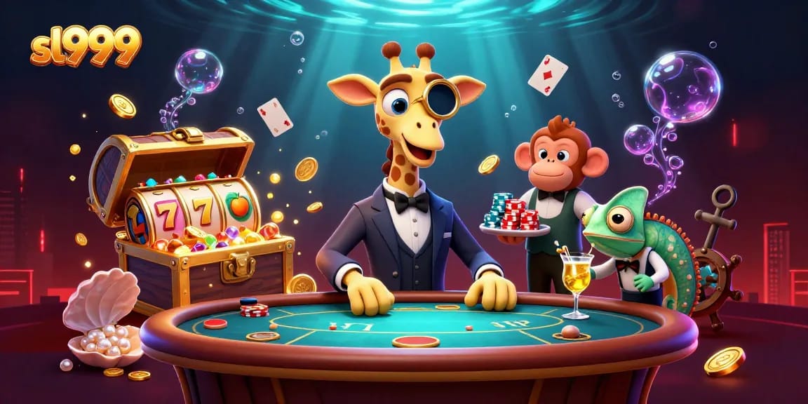 Experimente a emoção dos jogos com sl999, uma cena vibrante de girafa e personagens em um cassino animado.