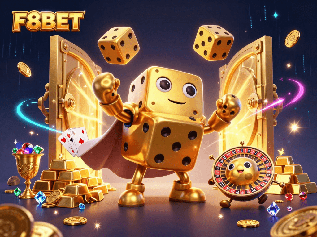 Join the fun at F8BET with a vibrant casino scene showcasing golden dice and treasures!