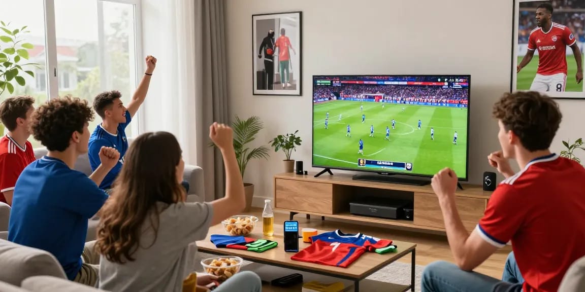 Nonton bola live in a vibrant living room with friends cheering, snacks on the table, and a big screen showing football match.