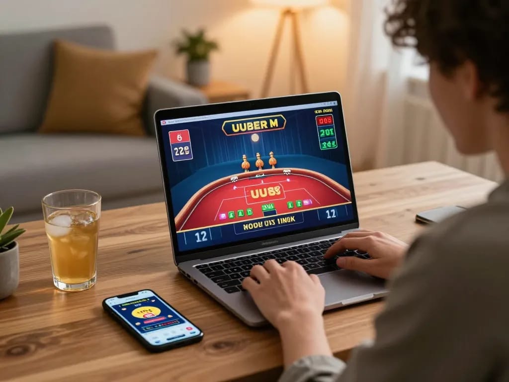 Player enjoying a thrilling uu88 online casino session on a laptop while sipping a drink.