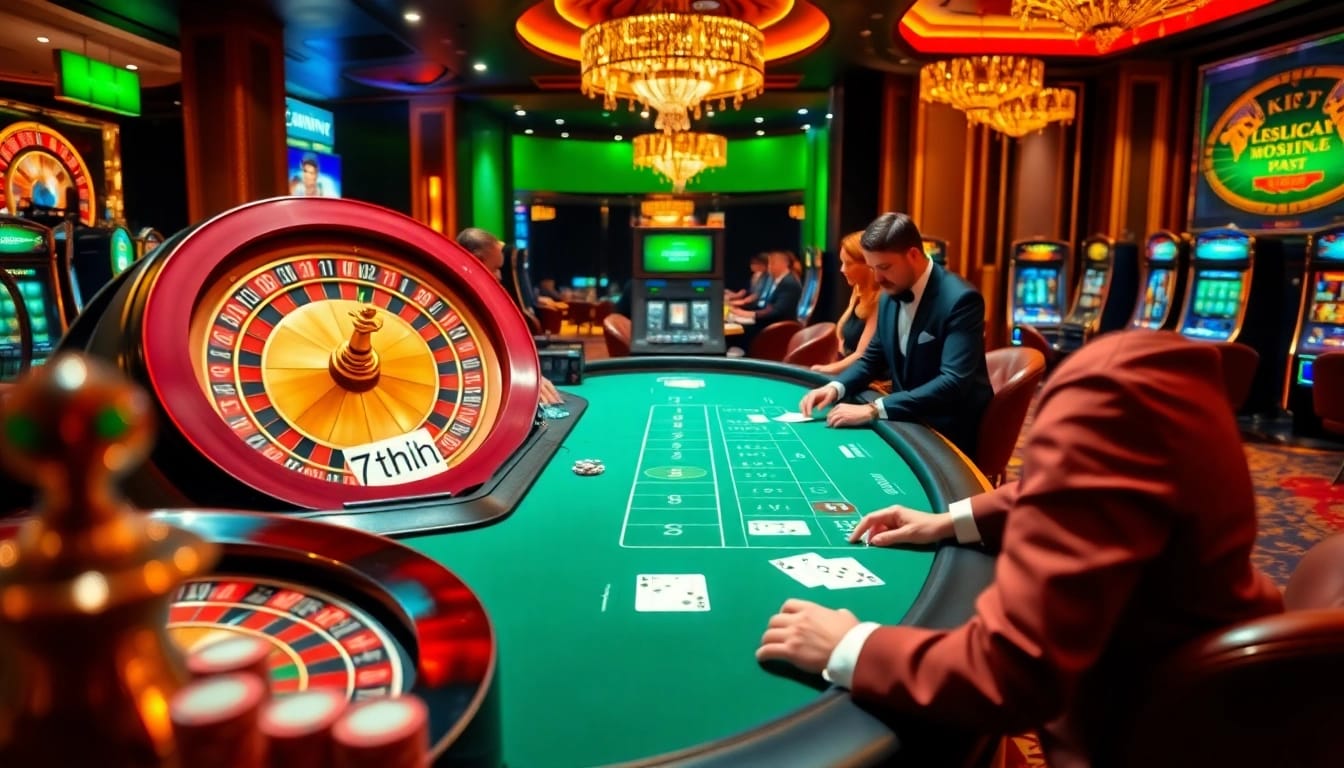 Exciting casino scene showcasing 7hh elements with poker tables, chips, and a roulette wheel.
