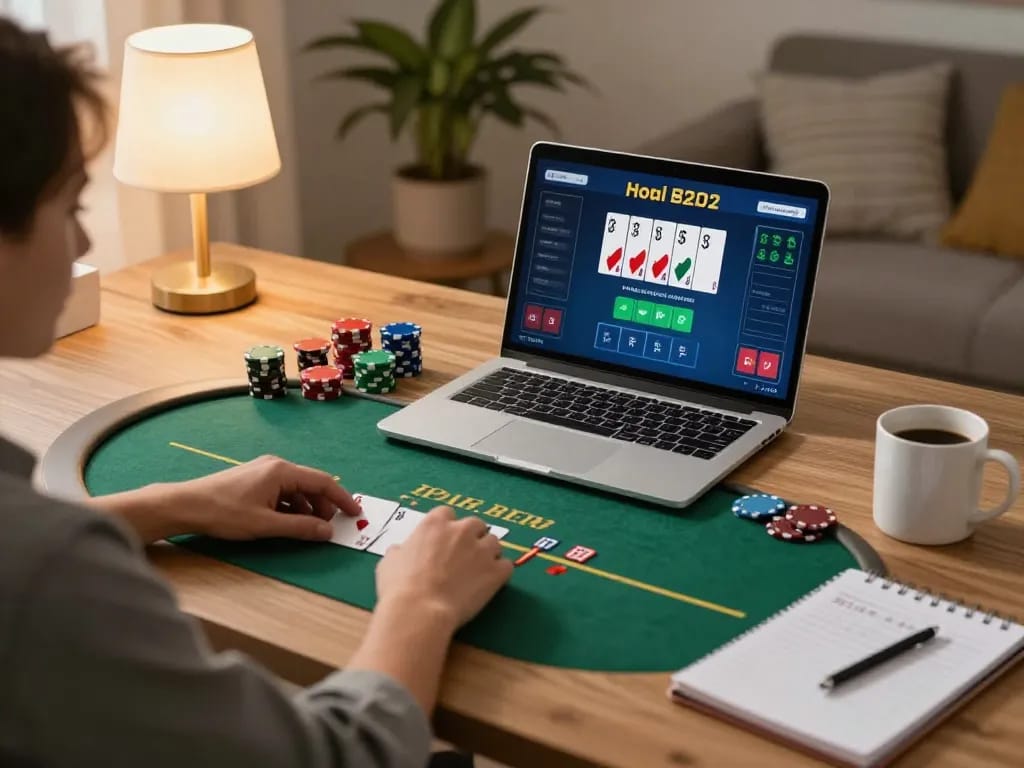 AA888 player engaged in online poker with a cozy home setup and strategy notes.