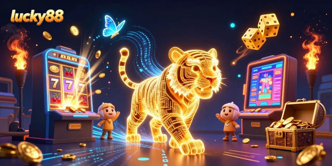 Win big with lucky88's thrilling slot machine jackpot in this vibrant 3D casino illustration.