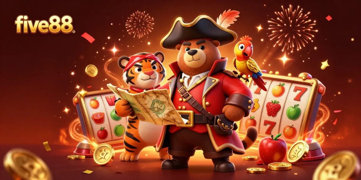 Experience thrilling gameplay with five88's vibrant slot reels and festive characters.