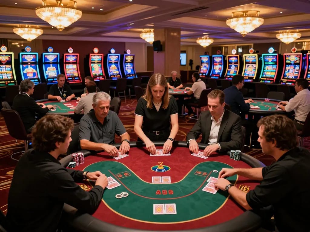 HBET players at poker tables showcasing intense gameplay in a luxury casino atmosphere