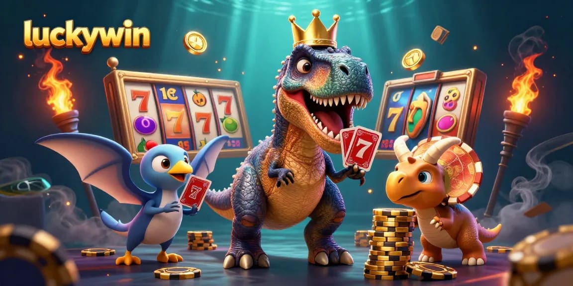 Experience the thrill of luckywin with a vibrant T-Rex shuffling cards in a playful casino scene.