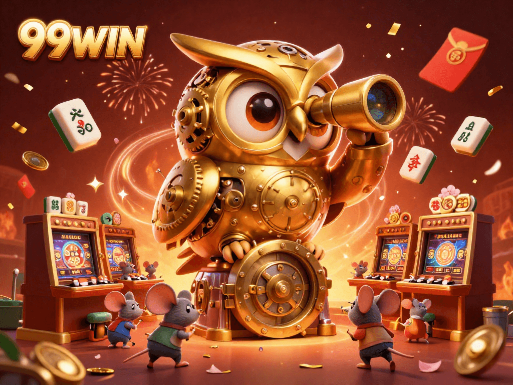 Engage with vibrant 99WIN casino excitement featuring clockwork owl and animated patrons.