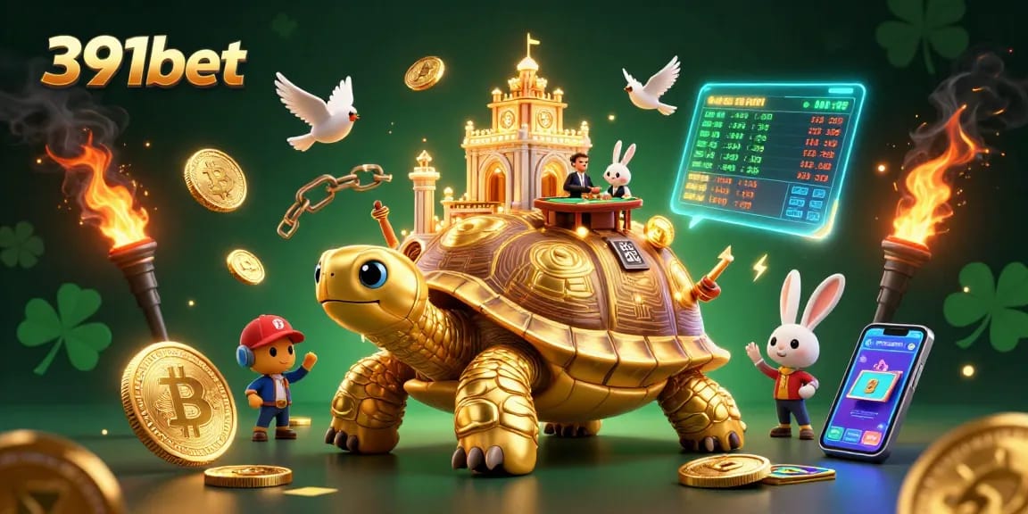 Experience thrilling gaming with 391bet in a vibrant 3D casino illustration featuring a golden tortoise and a rabbit dealer.