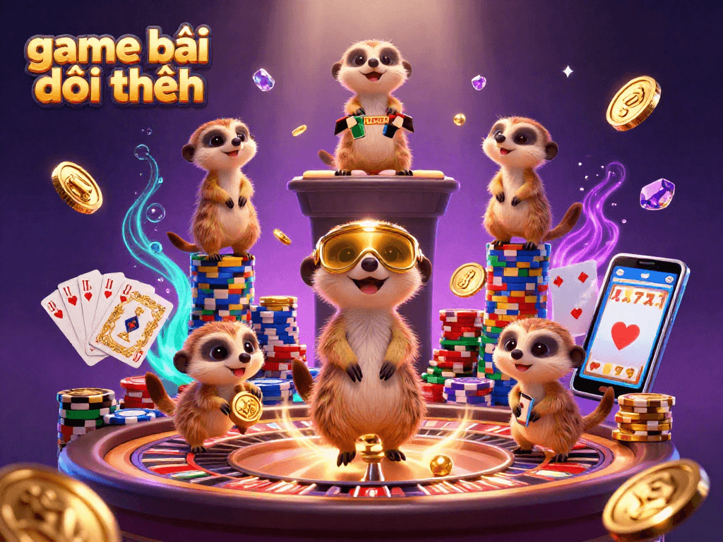 Engage in game bài đổi thưởng excitement with meerkats in a colorful casino scene.