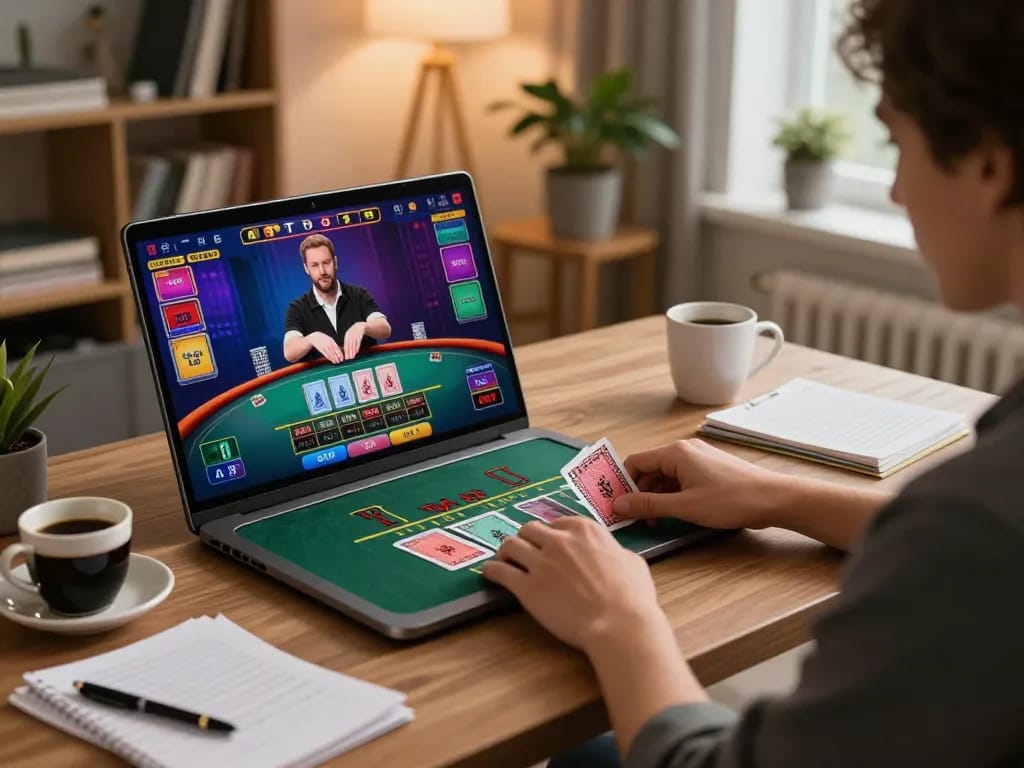 Engaging with live dealer blackjack via https://33cc.info/ in a cozy home office setup with strategy notes