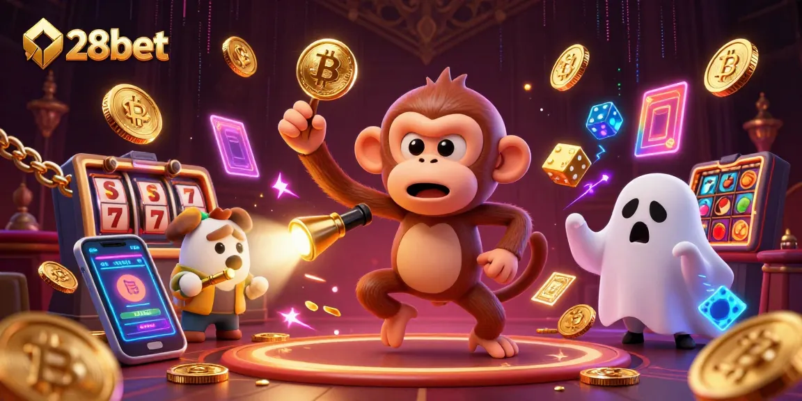 Experience the thrill of 28bet as the poltergeist monkey juggles golden coins in a haunted casino.