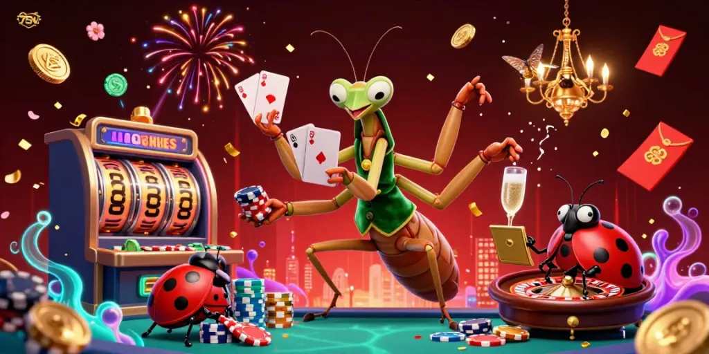 Experience vibrant casino action with the captivating 75W praying mantis dealer at play.