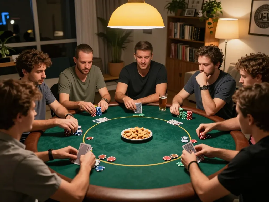 Participants play an intense poker game at home, showcasing hytw3339 and a vibrant atmosphere.