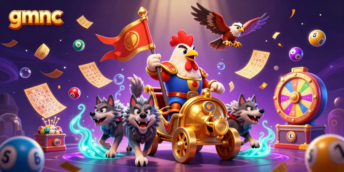 Experience gmnc's gaming excitement with a rooster warlord leading a treasure-filled scene of vibrant lottery and casino elements.