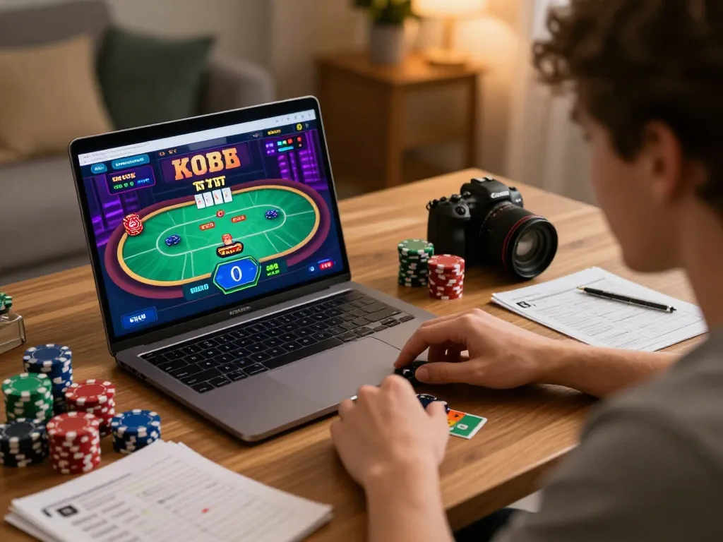 27G player engaging in online poker game with vibrant interface on screen, showcasing a strategic gaming setup for responsible gambling.