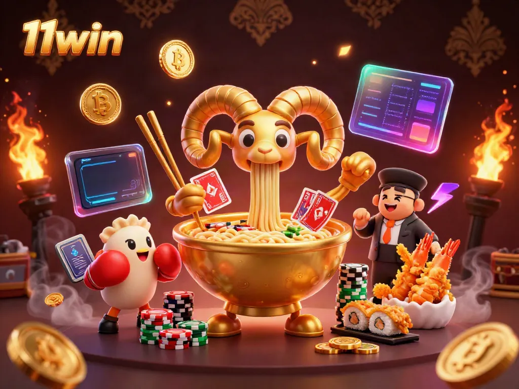 Engage with 11win's exciting casino scene featuring a golden ramen bowl dealer, gyoza boxer, and neon crypto elements.