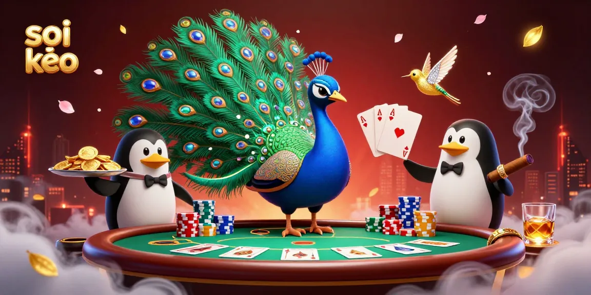 Engage in thrilling sports betting action with soi kèo featuring vibrant casino elements, peacock, and penguin characters.