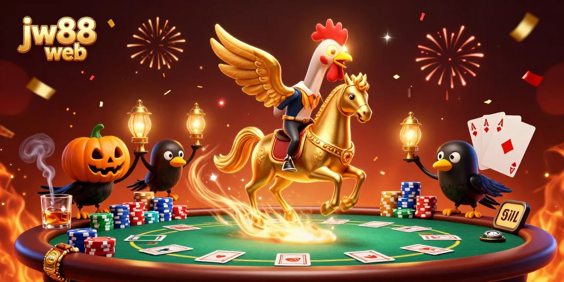 Experience the thrilling atmosphere of jw88 web with a golden rooster riding through a vibrant casino scene full of poker and gaming elements.