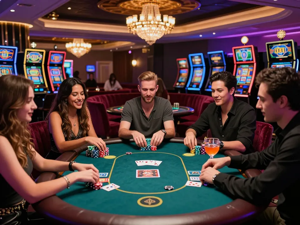 Friends enjoying a poker game at the 789 club, surrounded by lively casino atmosphere