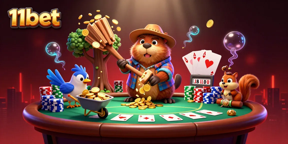 11bet features a beaver gambling among coins, poker chips, and vibrant characters.