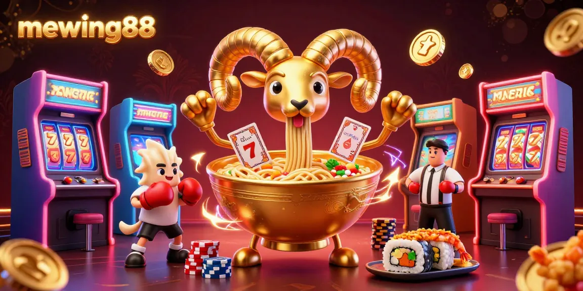 Mewing88 engages players with vibrant characters and colorful slot elements in a lively casino setting.