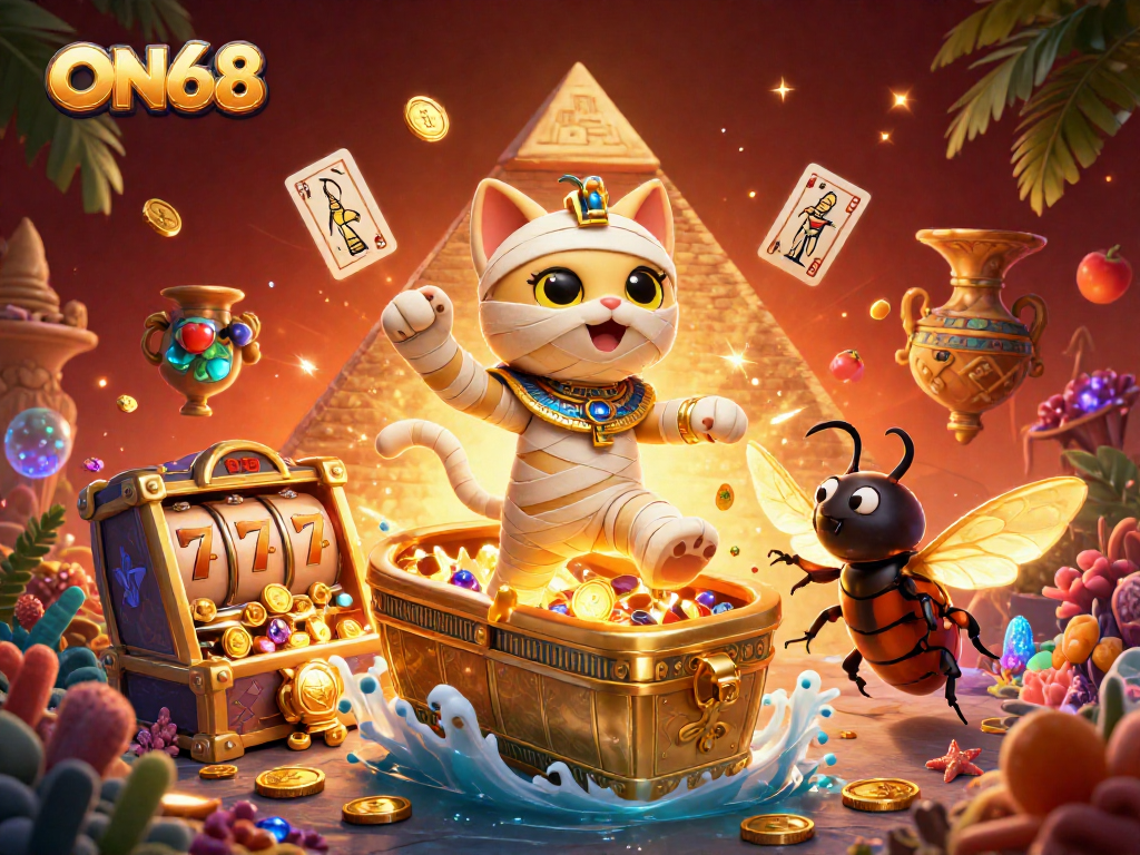 Experience thrilling gameplay at ON68 with an Egyptian mummy cat bursting into the casino scene.