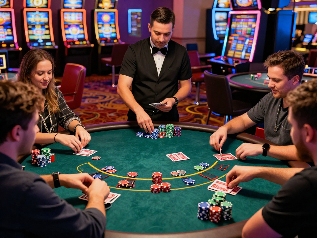 Exciting vin88 gaming scene at a casino table with players and dealer.