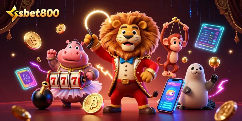 Experience the thrill of gambling with shbet800 featuring vibrant circus characters and crypto elements.