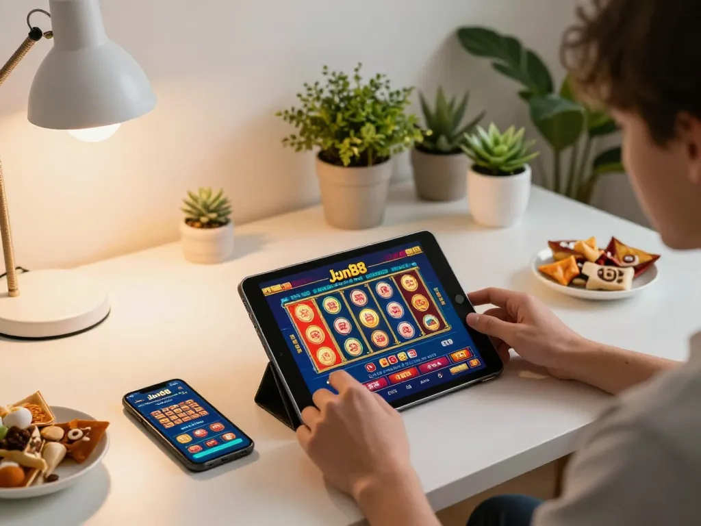 Engaging player enjoying Jun88 online casino games on a tablet in a cozy home setting.
