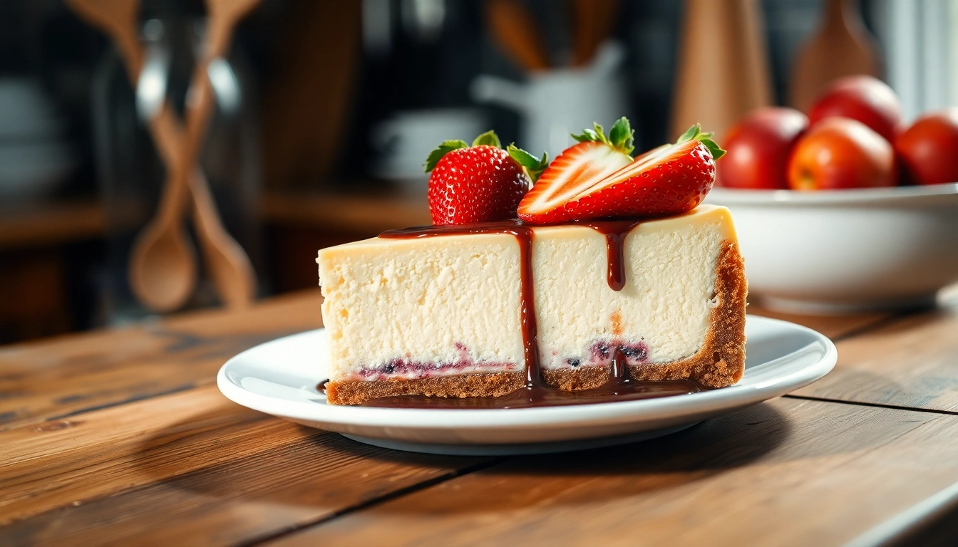 Dégustez un cheesecake délicieusement garni de fraises fraîches et de chocolat.