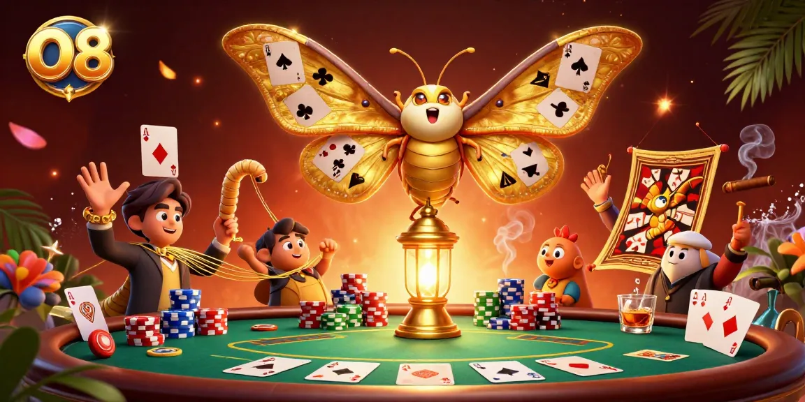 Engage with O8's vibrant casino scene, featuring an atlas moth and dynamic poker elements.