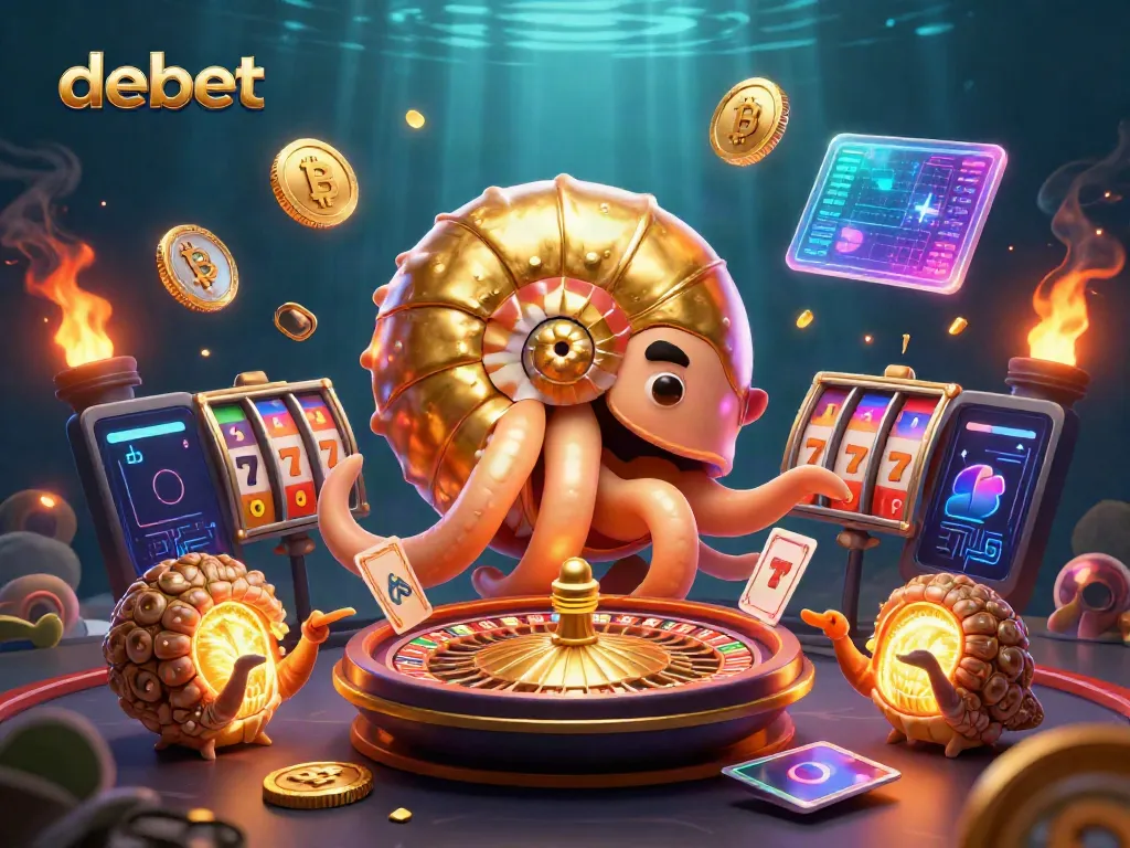 Experience thrilling gameplay with debet at this vibrant 3D casino illustration featuring a giant nautilus and glowing elements.