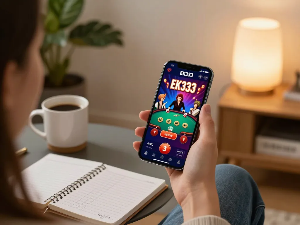 Play poker on EK333 app, showcasing graphics on smartphone with cozy home setup.