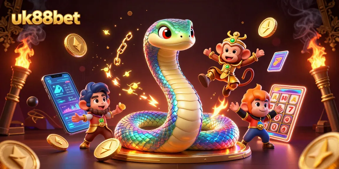 Engage with the vibrant world of uk88bet in this 3D casino illustration featuring a colorful serpent and monkey treasure hunter.