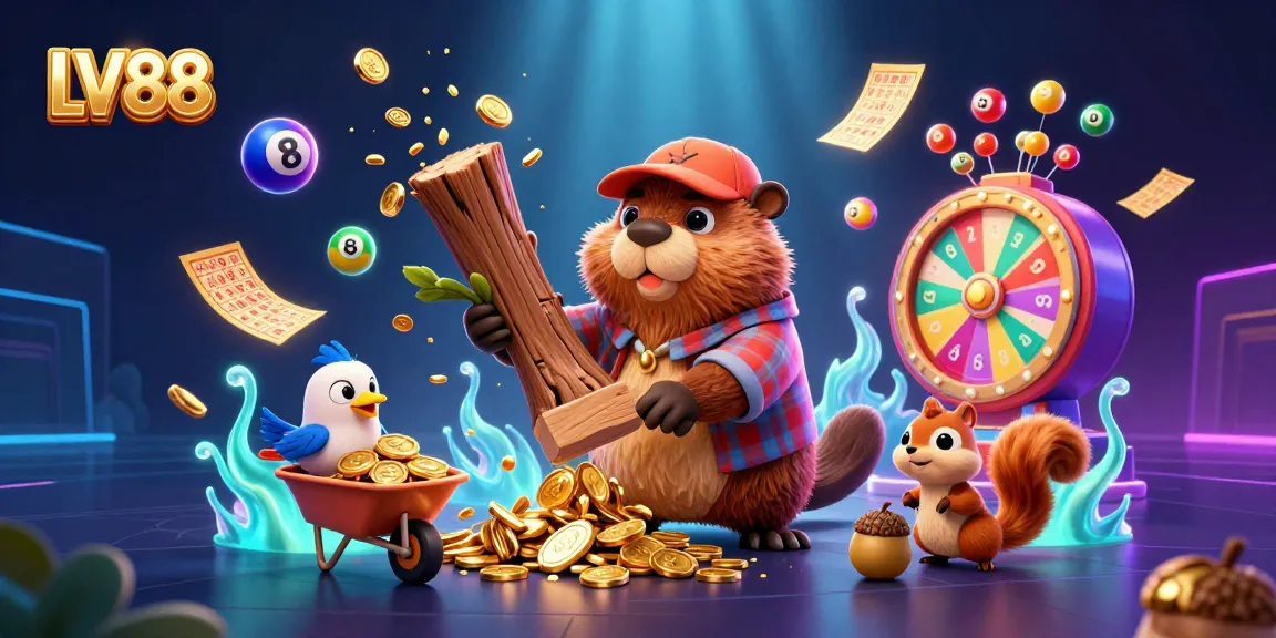 Experience LV88's exciting gaming scene with a beaver collecting golden coins amidst vibrant casino elements.