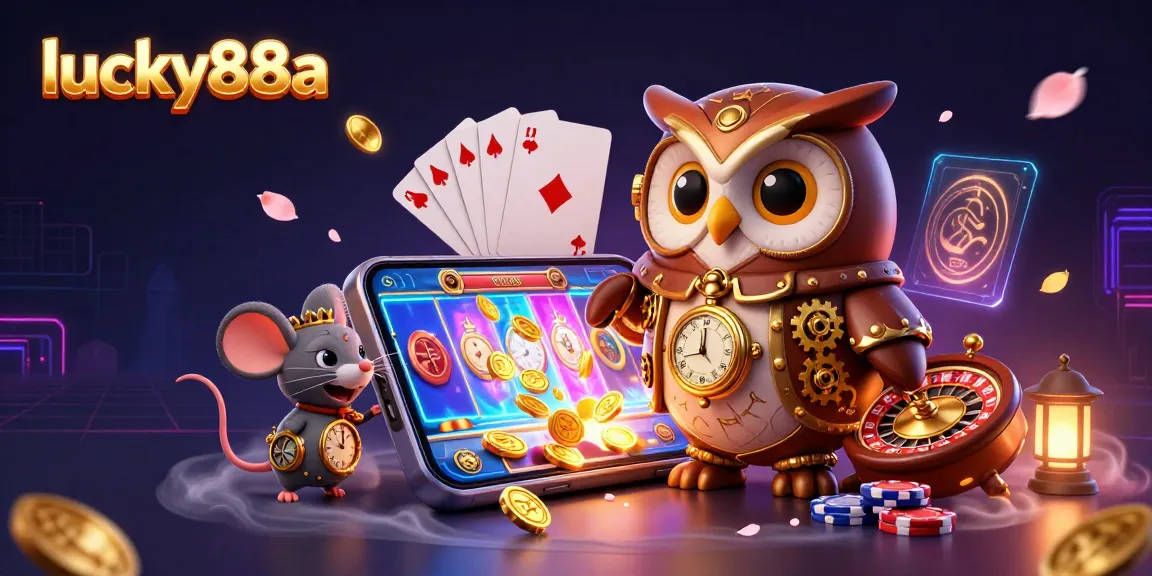 Play thrilling slot games with lucky88a illustrated by an owl and mouse in a vibrant casino atmosphere.