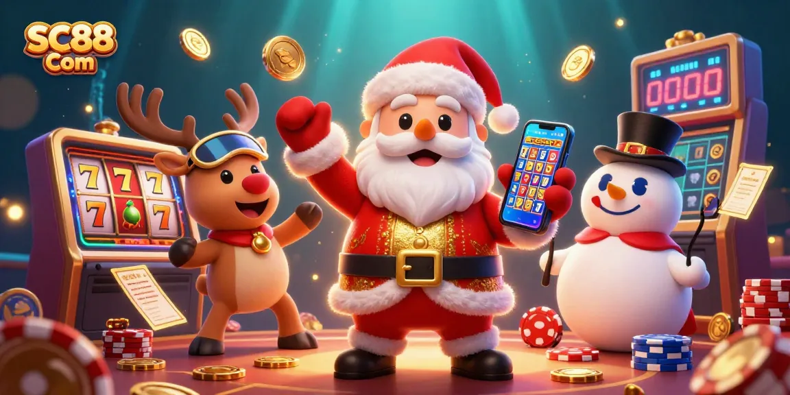Santa Claus celebrates jackpots at SC88 Com with festive casino friends in a dynamic scene.