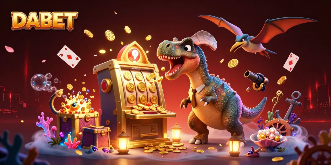 DABET jackpot scene with a dinosaur hitting a slot machine as coins rain down in a vibrant casino.
