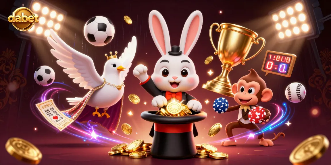 Dabet showcases a 3D magician rabbit pulling golden coins, surrounded by vibrant casino elements and sports balls.