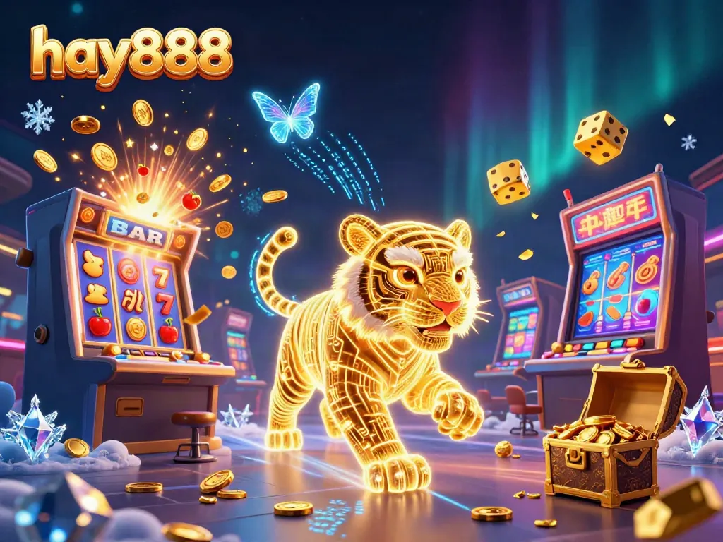 Experience high-stakes gaming at hay888 with a neon-wireframe tiger amidst a dazzling casino landscape.