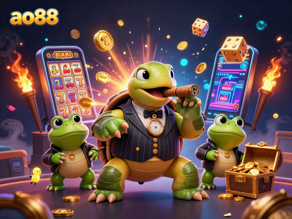 Experience excitement at ao88 with a vibrant casino scene featuring a snapping turtle and dynamic game elements.