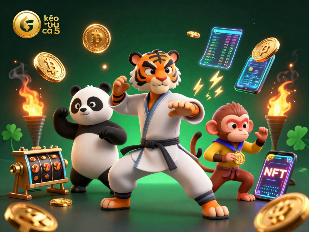 Engage with kèo nhà cái 5 as a kung fu tiger master teaches winning strategies amidst glowing crypto coins.