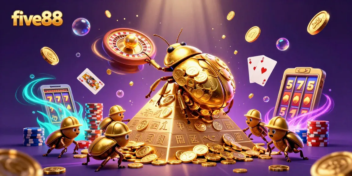 Experience the magical five88 casino world with a vibrant 3D illustration showcasing golden beetles and sparkling casino elements.